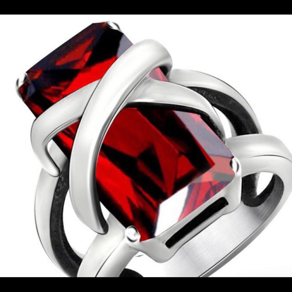 New Red Stone & Stainless Steel Ring Size 8.